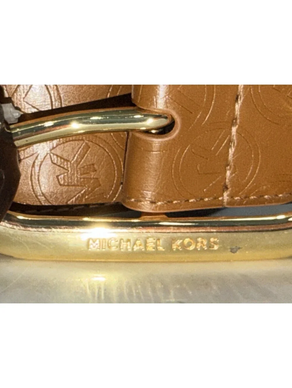 Michael Kors Brown Monogram Embossed Leather Belt Gold Oval Buckle M NWT